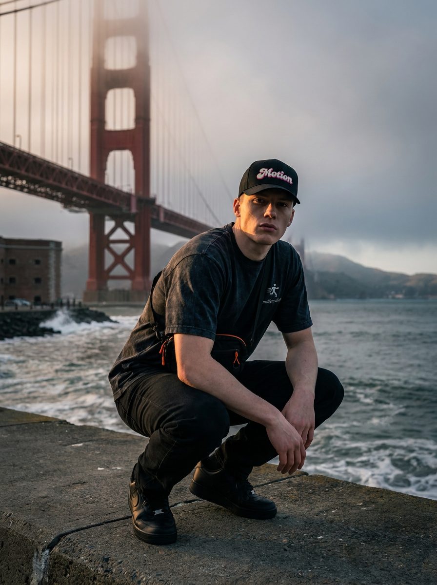 Dagger Tee crouch on the seawall